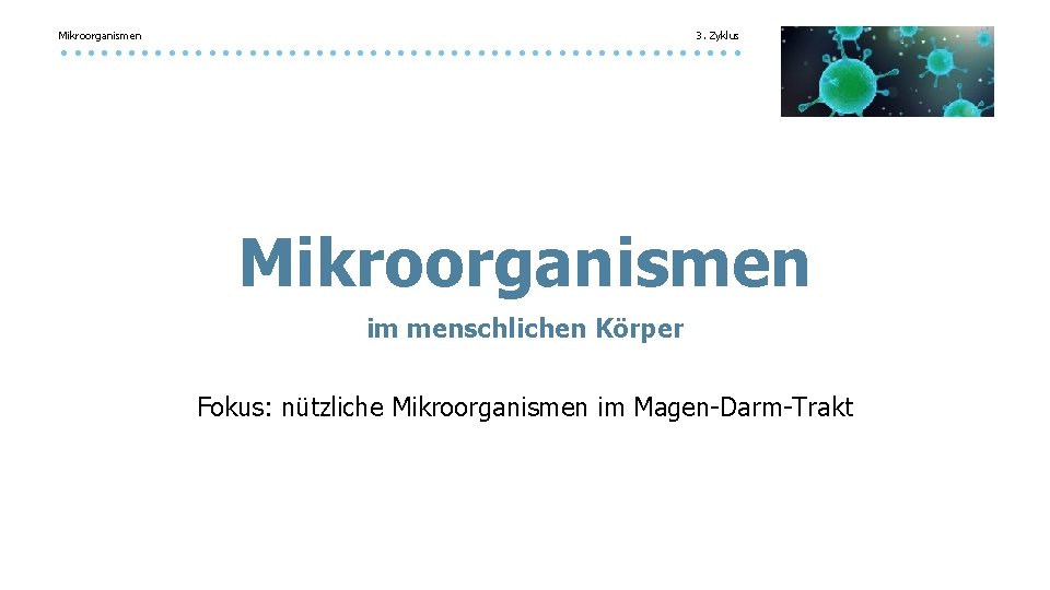 Mikroorganismen 3. Zyklus Mikroorganismen im menschlichen Körper Fokus: nützliche Mikroorganismen im Magen-Darm-Trakt Mikroorganismen 3. Zyklus Mikroorganismen im menschlichen Körper Fokus: nützliche Mikroorganismen im Magen-Darm-Trakt