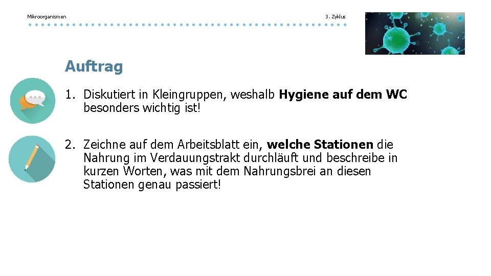 Mikroorganismen 3. Zyklus Auftrag 1. Diskutiert in Kleingruppen, weshalb Hygiene auf dem WC besonders