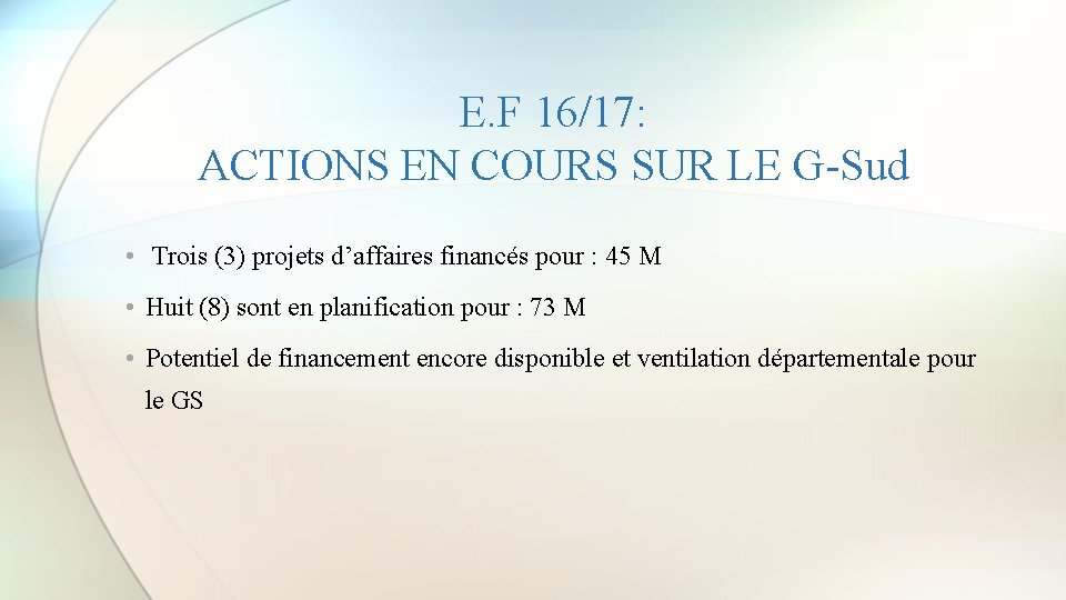 E. F 16/17: ACTIONS EN COURS SUR LE G-Sud • Trois (3) projets d’affaires