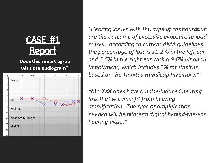 CASE #1 Report Does this report agree with the audiogram? “Hearing losses with this