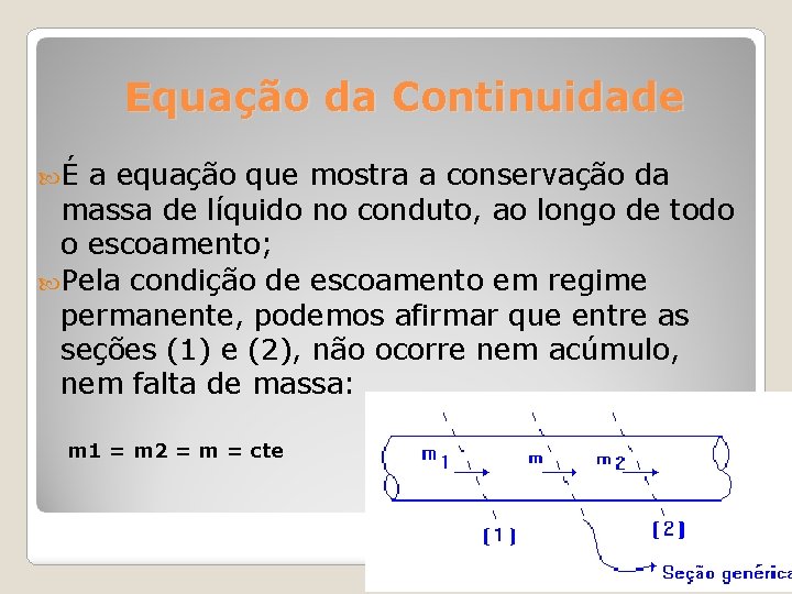 Equação da Continuidade É a equação que mostra a conservação da massa de líquido