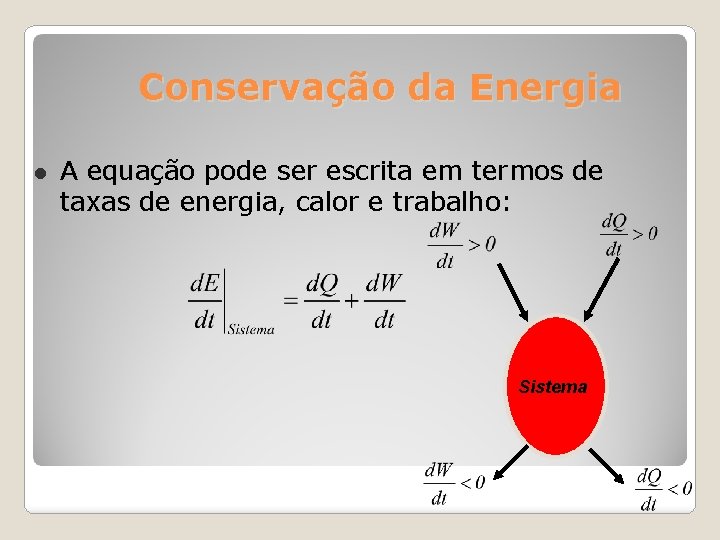 Conservação da Energia A equação pode ser escrita em termos de taxas de energia,