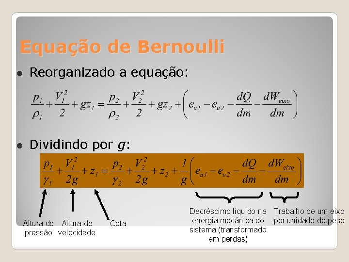 Equação de Bernoulli Reorganizado a equação: Dividindo por g: Altura de pressão velocidade Cota