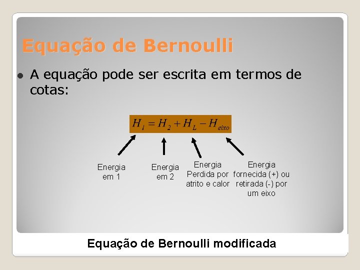 Equação de Bernoulli A equação pode ser escrita em termos de cotas: Energia em