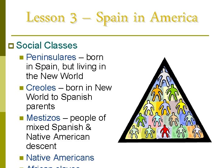 Lesson 3 – Spain in America p Social Classes n Peninsulares – born in