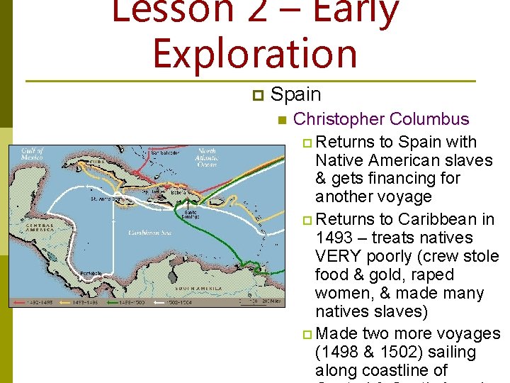 Lesson 2 – Early Exploration p Spain n Christopher Columbus p Returns to Spain