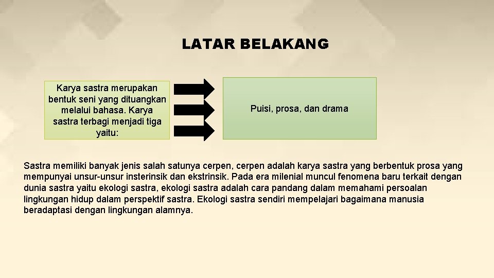 LATAR BELAKANG Karya sastra merupakan bentuk seni yang dituangkan melalui bahasa. Karya sastra terbagi