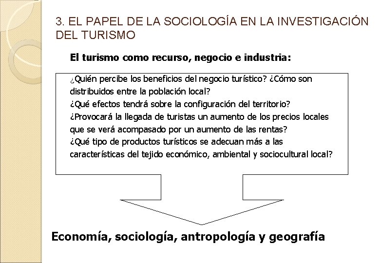 3. EL PAPEL DE LA SOCIOLOGÍA EN LA INVESTIGACIÓN DEL TURISMO El turismo como