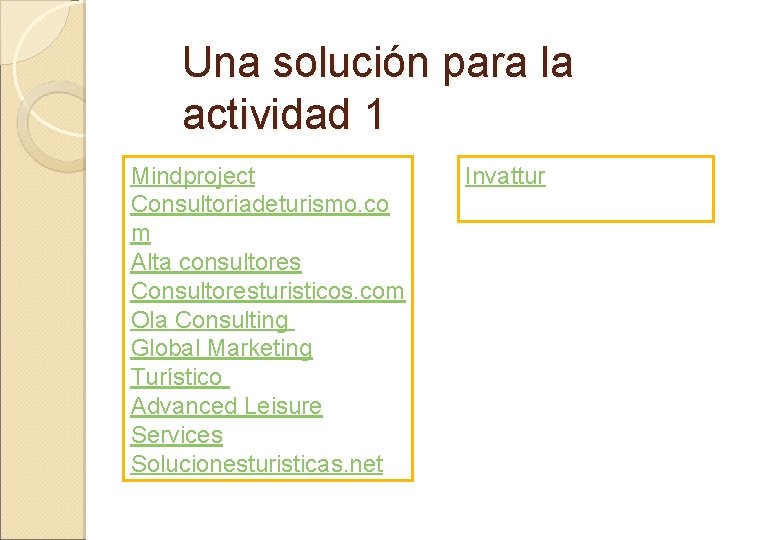 Una solución para la actividad 1 Mindproject Consultoriadeturismo. co m Alta consultores Consultoresturisticos. com
