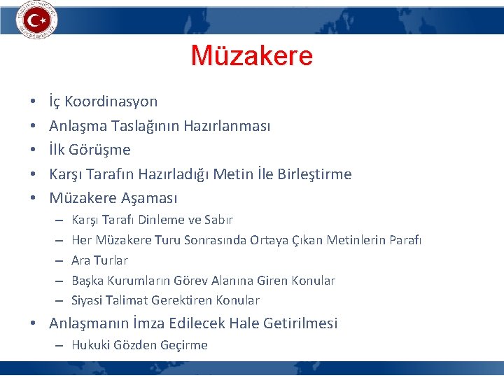 Müzakere • • • İç Koordinasyon Anlaşma Taslağının Hazırlanması İlk Görüşme Karşı Tarafın Hazırladığı