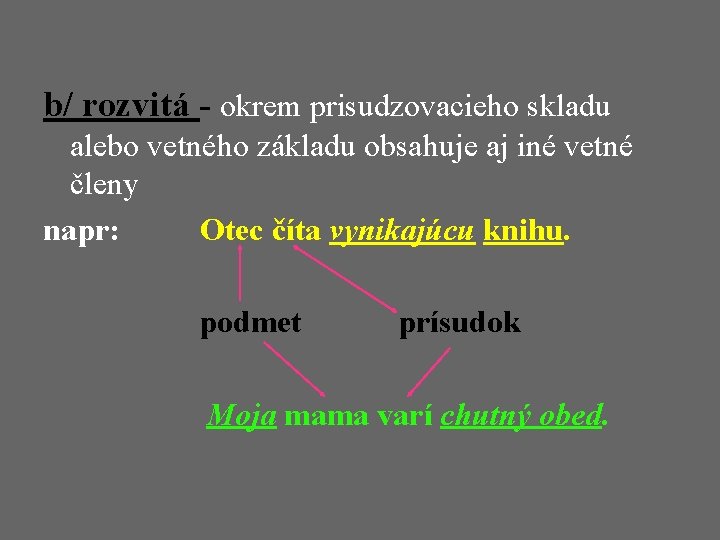 b/ rozvitá - okrem prisudzovacieho skladu alebo vetného základu obsahuje aj iné vetné členy