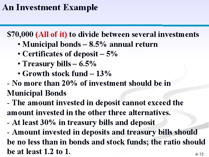 An Investment Example $70, 000 (All of it) to divide between several investments •