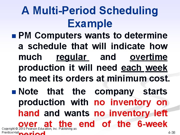 A Multi-Period Scheduling Example PM Computers wants to determine a schedule that will indicate