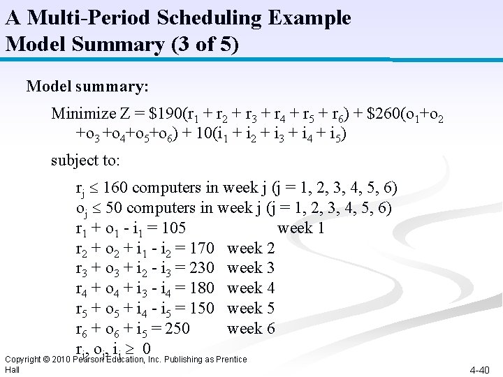 A Multi-Period Scheduling Example Model Summary (3 of 5) Model summary: Minimize Z =