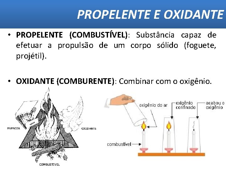 PROPELENTE E OXIDANTE • PROPELENTE (COMBUSTÍVEL): Substância capaz de efetuar a propulsão de um
