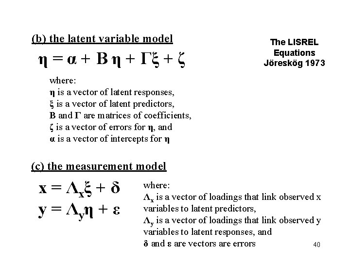 (b) the latent variable model η = α + Β η + Γξ +