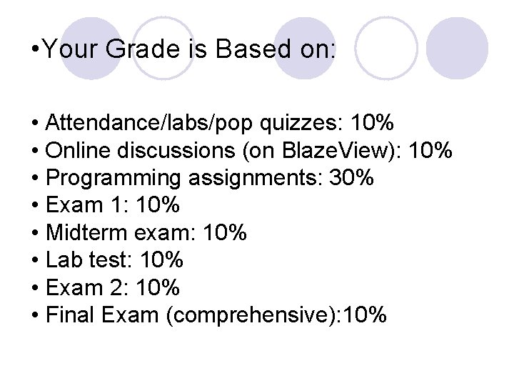  • Your Grade is Based on: • Attendance/labs/pop quizzes: 10% • Online discussions
