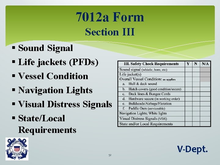 7012 a Form Section III § Sound Signal § Life jackets (PFDs) § Vessel
