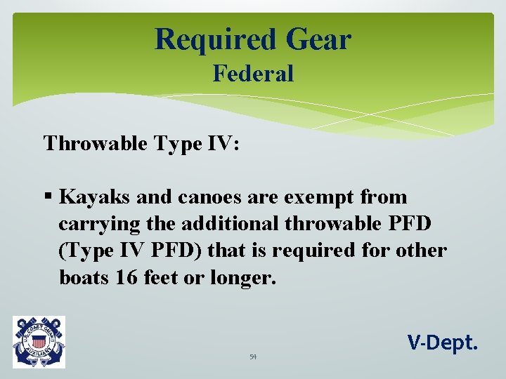 Required Gear Federal Throwable Type IV: § Kayaks and canoes are exempt from carrying