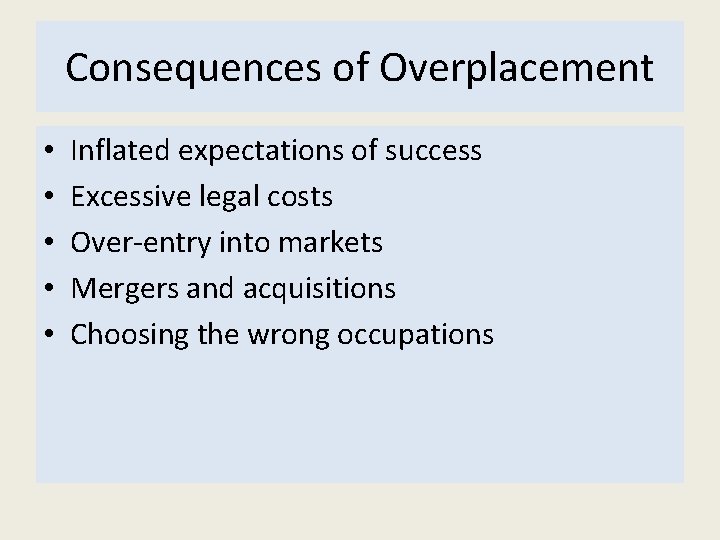 Consequences of Overplacement • • • Inflated expectations of success Excessive legal costs Over-entry