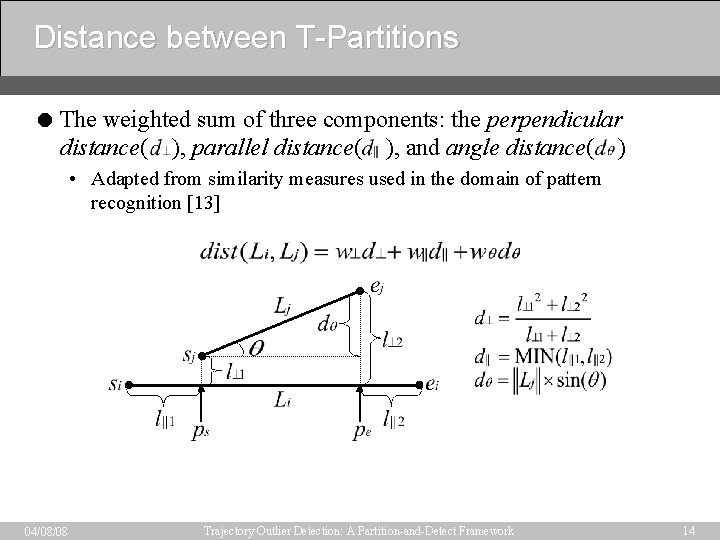 Distance between T-Partitions = The weighted sum of three components: the perpendicular distance( ),