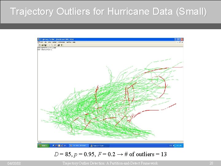 Trajectory Outliers for Hurricane Data (Small) D = 85, p = 0. 95, F