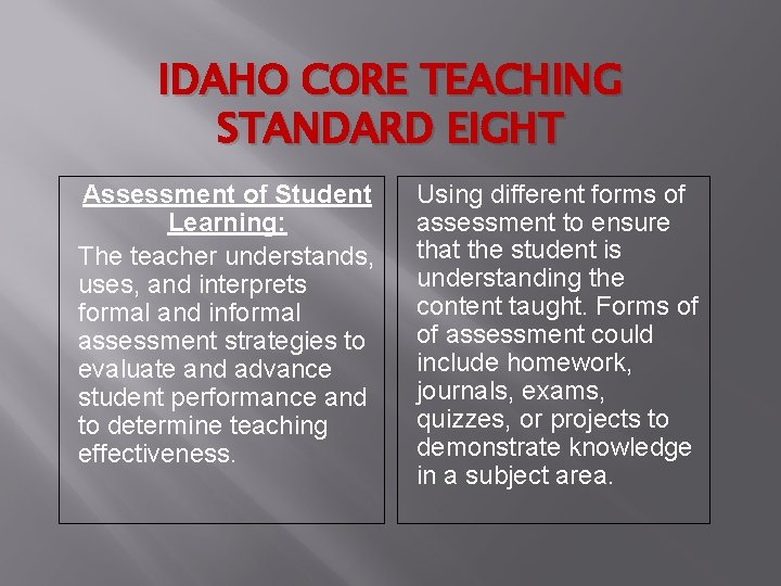 IDAHO CORE TEACHING STANDARD EIGHT Assessment of Student Learning: The teacher understands, uses, and