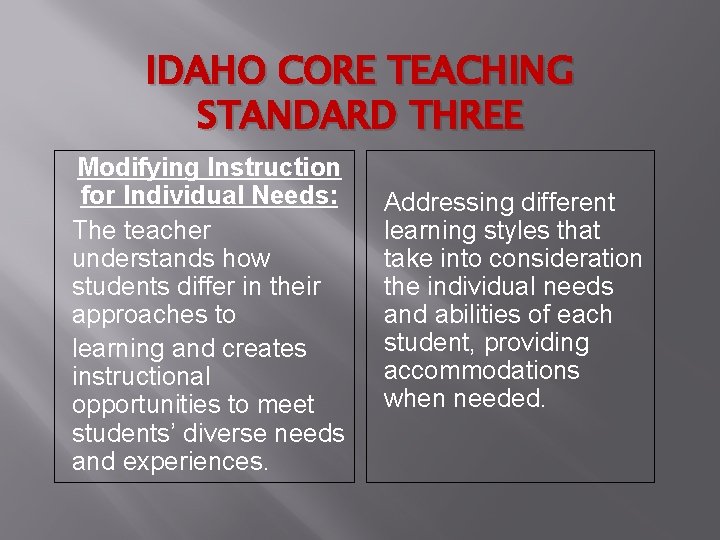 IDAHO CORE TEACHING STANDARD THREE Modifying Instruction for Individual Needs: The teacher understands how