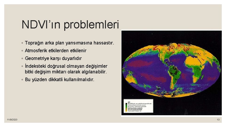 NDVI’ın problemleri ◦ Toprağın arka plan yansımasına hassastır. ◦ Atmosferik etkilerden etkilenir ◦ Geometriye