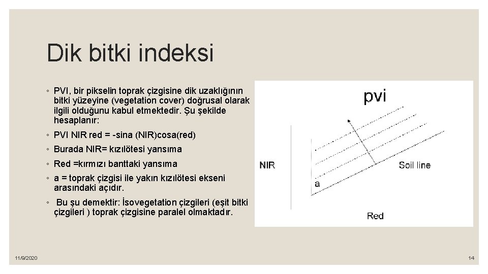 Dik bitki indeksi ◦ PVI, bir pikselin toprak çizgisine dik uzaklığının bitki yüzeyine (vegetation