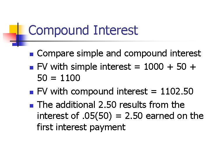 Compound Interest n n Compare simple and compound interest FV with simple interest = Compound Interest n n Compare simple and compound interest FV with simple interest =