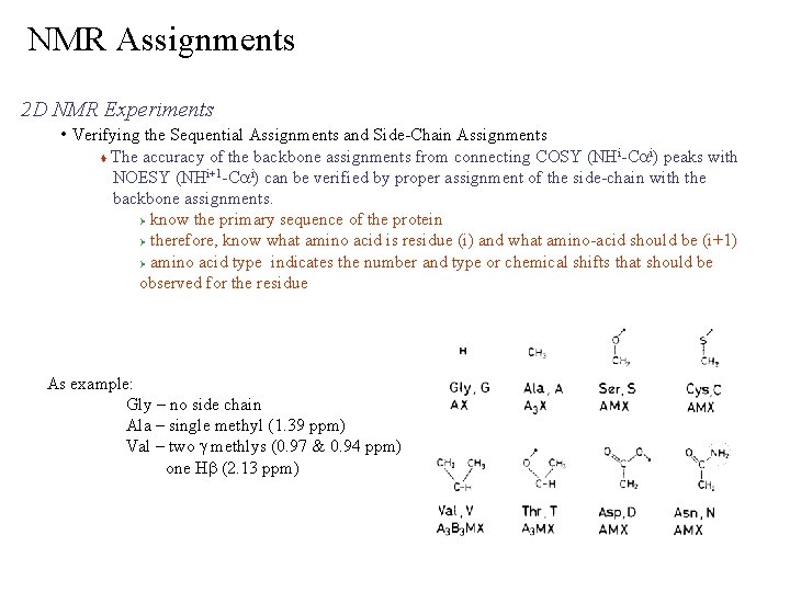 NMR Assignments 2 D NMR Experiments • Verifying the Sequential Assignments and Side-Chain Assignments