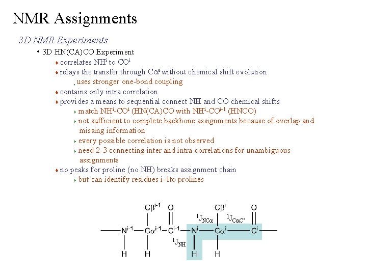 NMR Assignments 3 D NMR Experiments • 3 D HN(CA)CO Experiment correlates NHi to