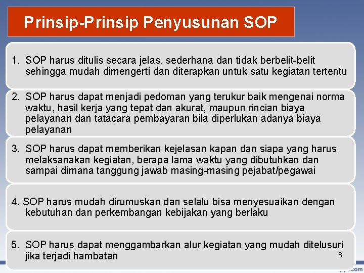 Prinsip-Prinsip Penyusunan SOP 1. SOP harus ditulis secara jelas, sederhana dan tidak berbelit-belit sehingga