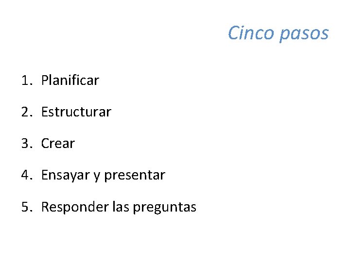 Cinco pasos 1. Planificar 2. Estructurar 3. Crear 4. Ensayar y presentar 5. Responder