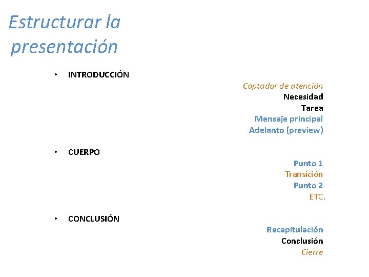 Estructurar la presentación • • • INTRODUCCIÓN CUERPO CONCLUSIÓN Captador de atención Necesidad Tarea