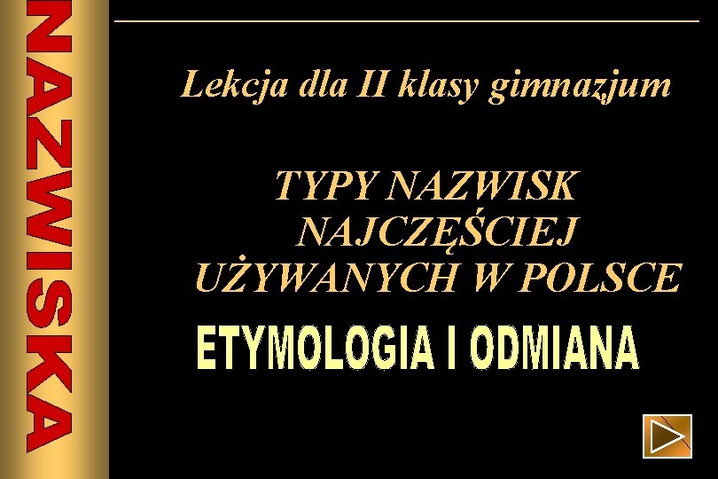 Lekcja dla II klasy gimnazjum TYPY NAZWISK NAJCZĘŚCIEJ UŻYWANYCH W POLSCE 
