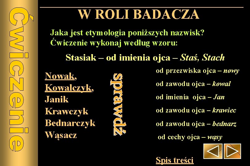 W ROLI BADACZA Jaka jest etymologia poniższych nazwisk? Ćwiczenie wykonaj według wzoru: Stasiak –