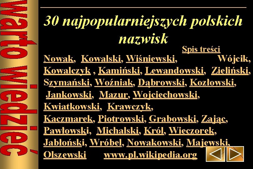 30 najpopularniejszych polskich nazwisk Spis treści Nowak, Kowalski, Wiśniewski, Wójcik, Kowalczyk , Kamiński, Lewandowski,
