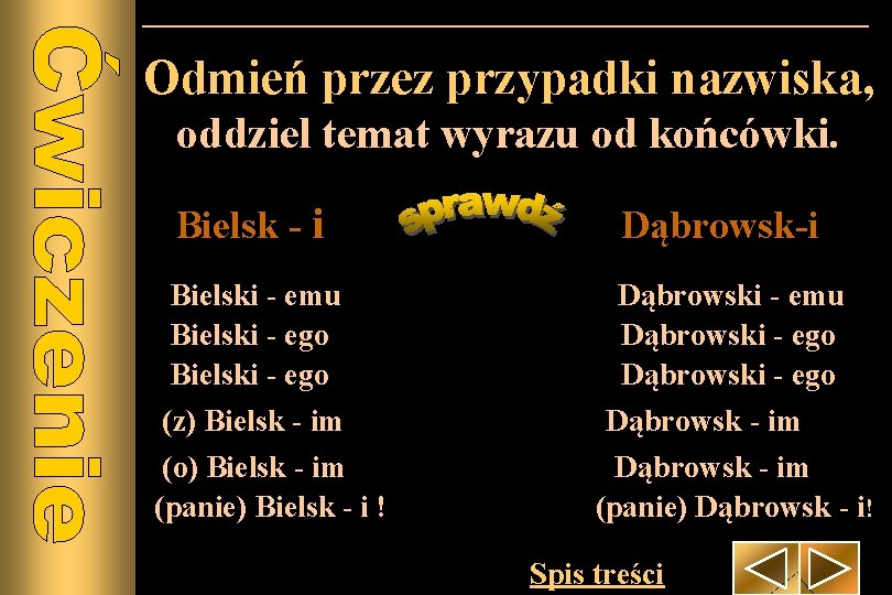 Odmień przez przypadki nazwiska, oddziel temat wyrazu od końcówki. Bielsk - i Dąbrowsk-i Bielski