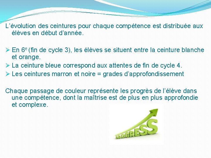 L’évolution des ceintures pour chaque compétence est distribuée aux élèves en début d’année. Ø