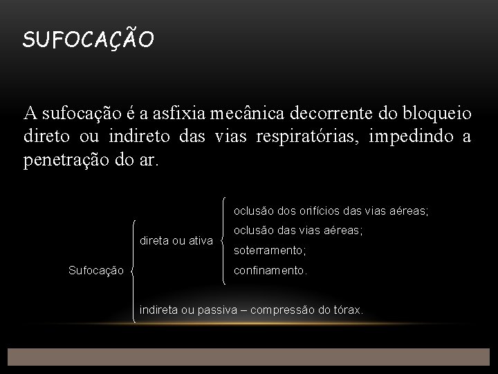 SUFOCAÇÃO A sufocação é a asfixia mecânica decorrente do bloqueio direto ou indireto das