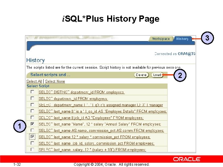 i. SQL*Plus History Page 3 2 1 1 -32 Copyright © 2004, Oracle. All