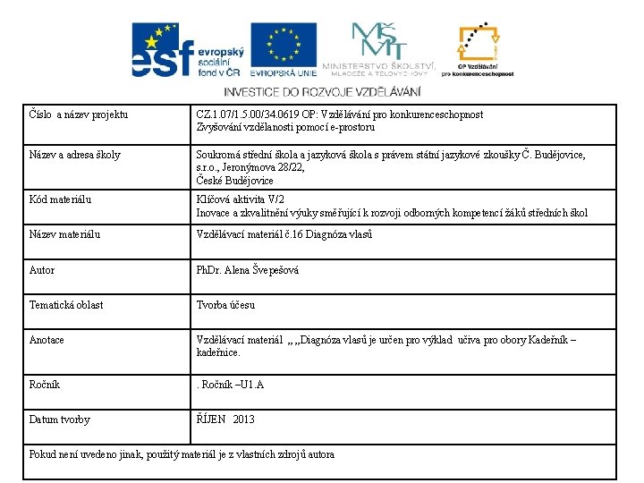 Číslo a název projektu CZ. 1. 07/1. 5. 00/34. 0619 OP: Vzdělávání pro konkurenceschopnost