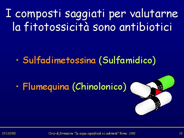 I composti saggiati per valutarne la fitotossicità sono antibiotici • Sulfadimetossina (Sulfamidico) • Flumequina