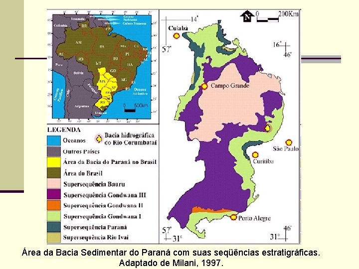 Área da Bacia Sedimentar do Paraná com suas seqüências estratigráficas. Adaptado de Milani, 1997.