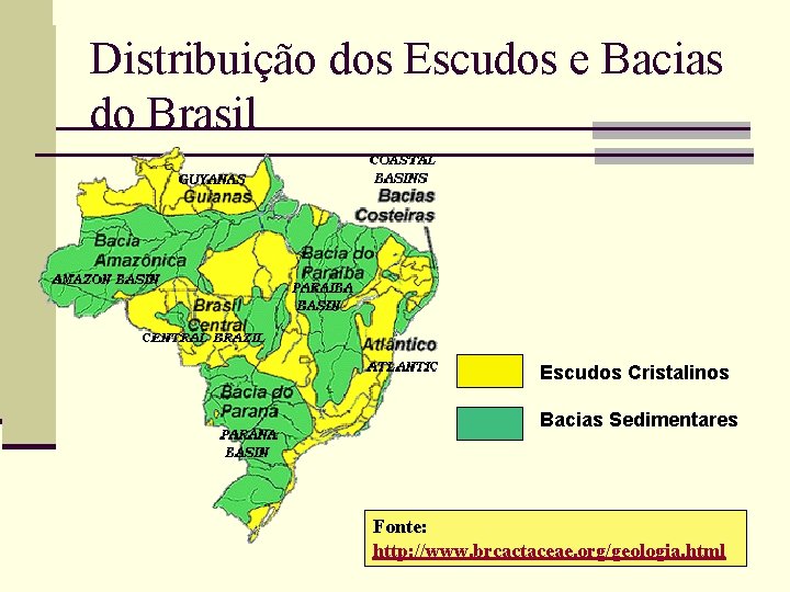 Distribuição dos Escudos e Bacias do Brasil Escudos Cristalinos Bacias Sedimentares Fonte: http: //www.