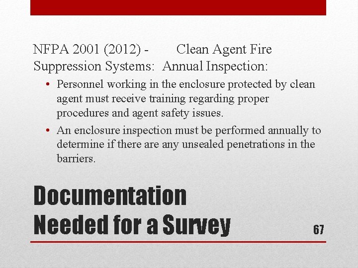 NFPA 2001 (2012) Clean Agent Fire Suppression Systems: Annual Inspection: • Personnel working in