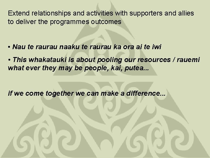 Extend relationships and activities with supporters and allies to deliver the programmes outcomes •