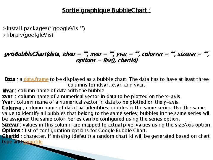 Sortie graphique Bubble. Chart : >install. packages(‘’google. Vis ’’) >library(goolgle. Vis) gvis. Bubble. Chart(data, Sortie graphique Bubble. Chart : >install. packages(‘’google. Vis ’’) >library(goolgle. Vis) gvis. Bubble. Chart(data,